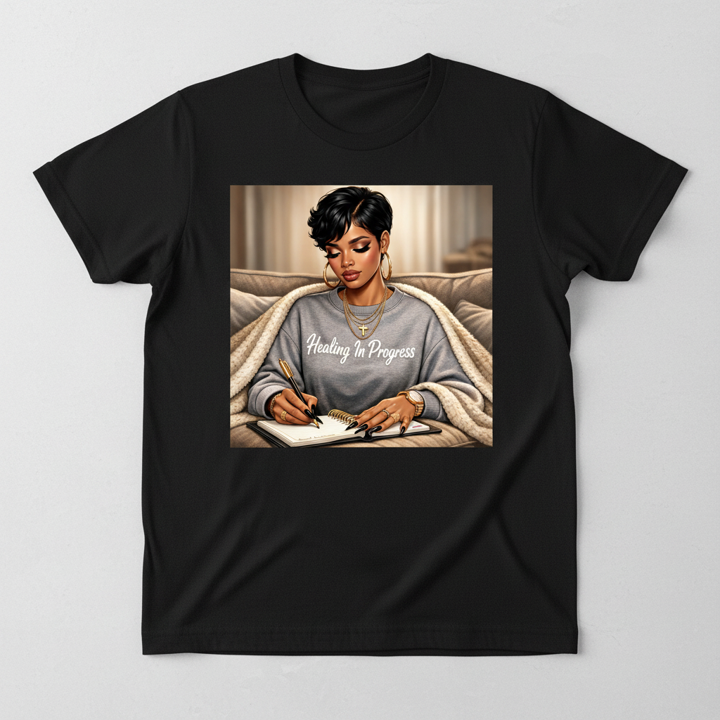 Black unisex t-shirt with Healing In Progress graphic by InADaysWorld