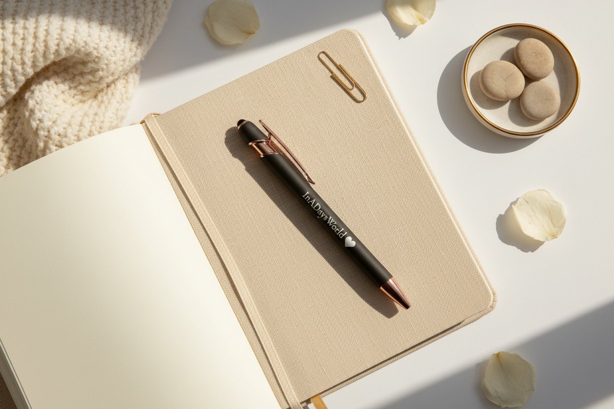 InADaysWorld Pen lifestyle mockup on cream linen journal